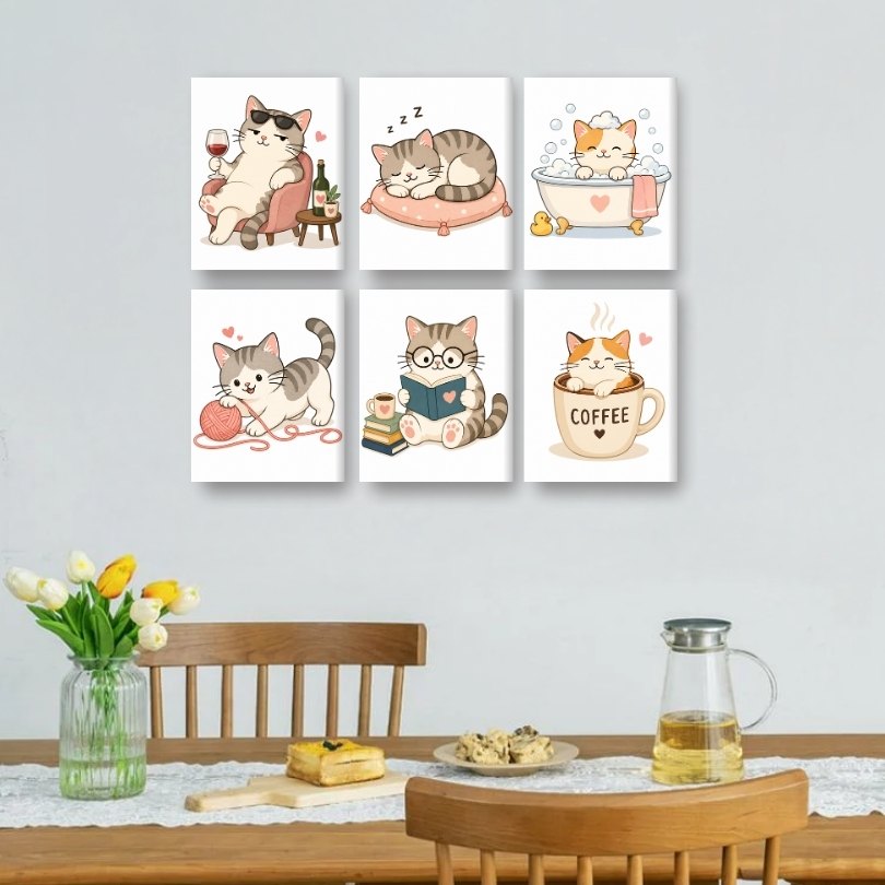 6 Mini-Gemälde | Kawaii Katzenleben-Set