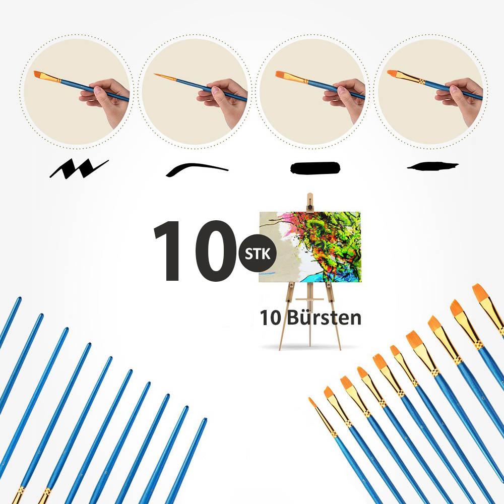 Malen nach Zahlen - 10er Pinselset für Acrylfarben - verschiedenen Größen und Formen