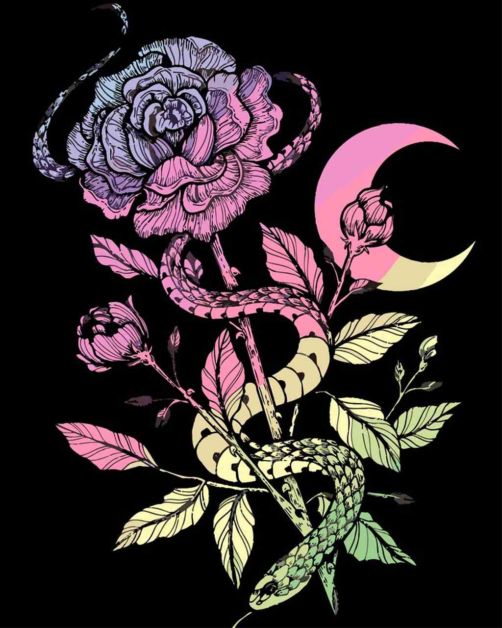 Malen nach Zahlen - Malen nach Zahlen - gelbe Schlange mit Rose - by Pixie Cold