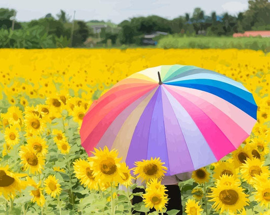 Malen nach Zahlen - Malen nach Zahlen - Bunter Regenschirm im Sonnenblumenfeld