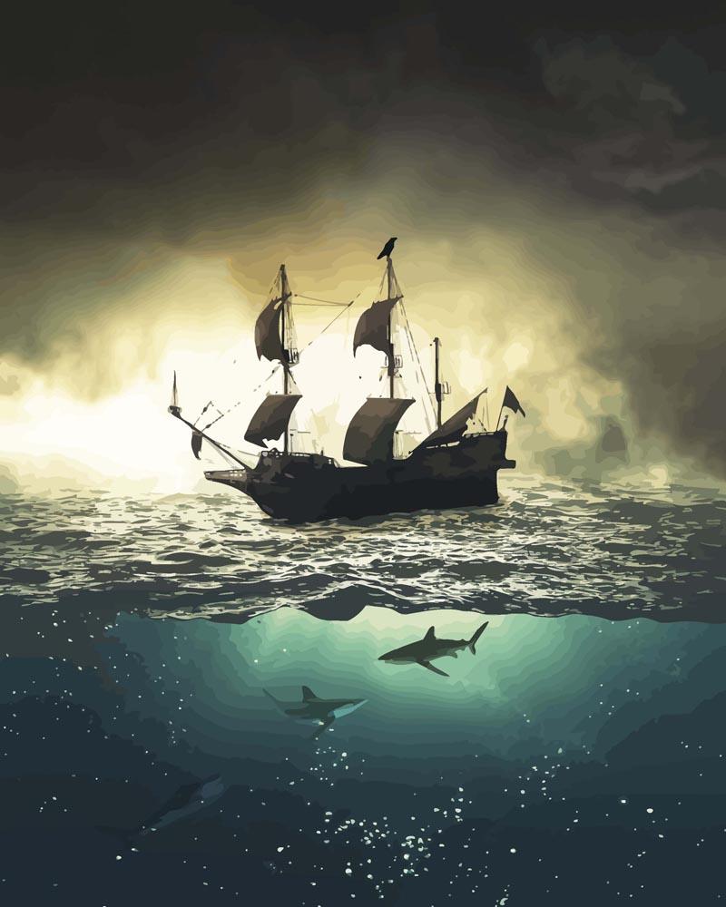 Malen nach Zahlen - Malen nach Zahlen - Segelschiff mit Haien