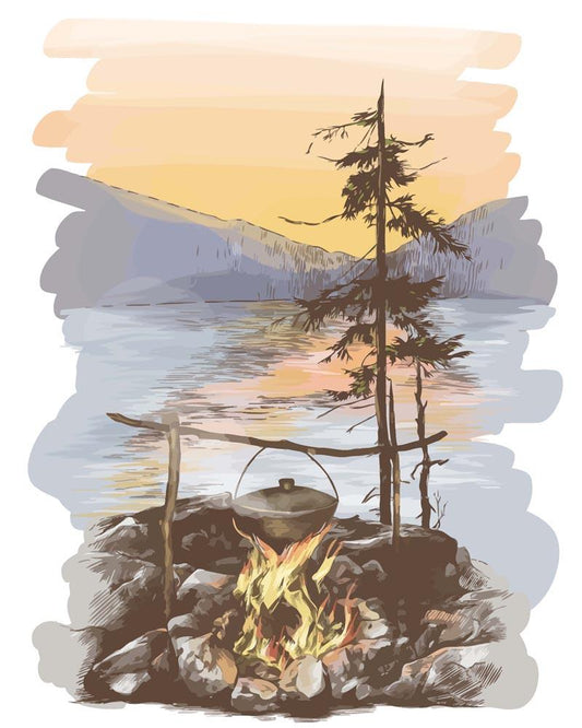 Malen nach Zahlen - Malen nach Zahlen - Lagerfeuer im Hintergrund eines Sees