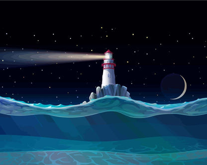 Malen nach Zahlen - Malen nach Zahlen - Leuchtturm Meer, Unterwasser, Wellen, Nacht