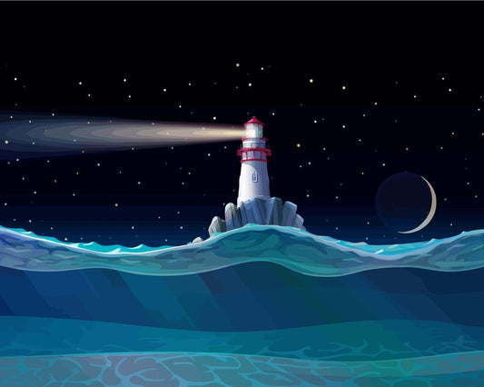 Malen nach Zahlen - Malen nach Zahlen - Leuchtturm Meer, Unterwasser, Wellen, Nacht