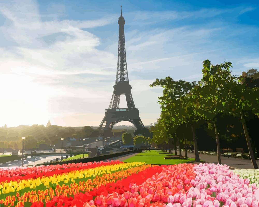 Malen nach Zahlen - Malen nach Zahlen - Eiffelturm vor Tulpenbeet