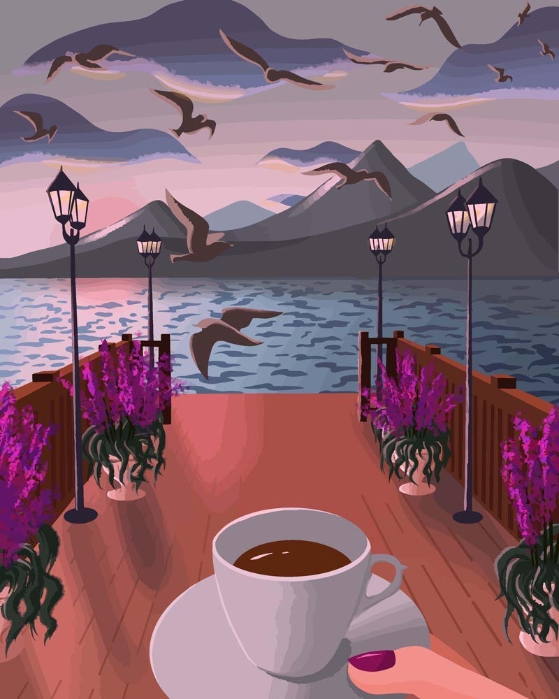 Malen nach Zahlen - Malen nach Zahlen - Tasse Kaffee am Wasser