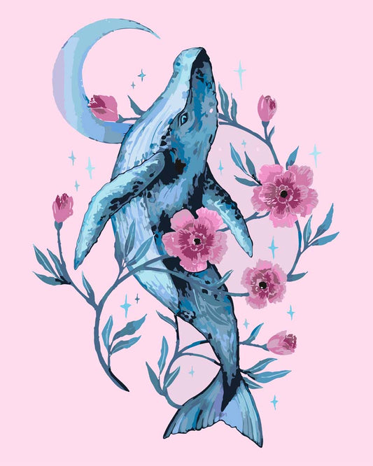 Malen nach Zahlen - Malen nach Zahlen - Wal und Blumen Rosa - by Pixie Cold