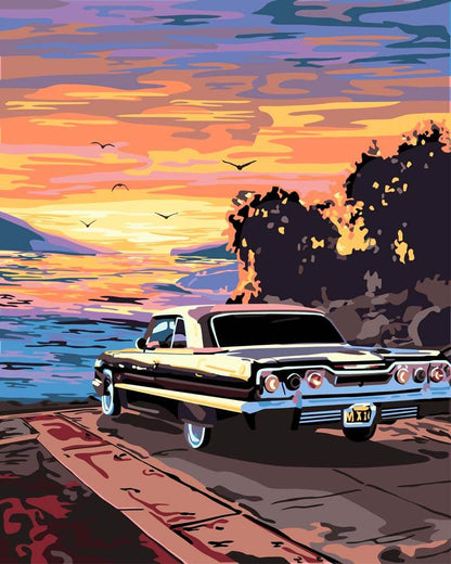 Malen nach Zahlen - Malen nach Zahlen - Oldtimer bei Sonnenuntergang